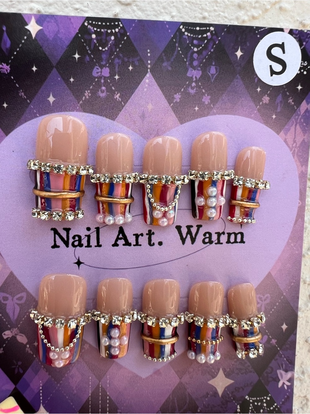 Handmade Press On Nails Colorful Bling Bangles Size Small Set of 10